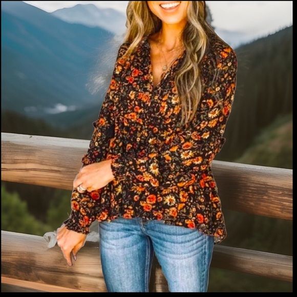 Gorgeous Floral Deep V Neck Flounce Design Gorgeous Formal Cow Girl Black Shirt - Picture 3 of 15